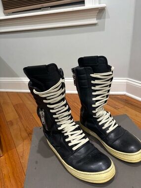 Rick Owens Black Leather High-Top Boots with Cream Laces and Soles
